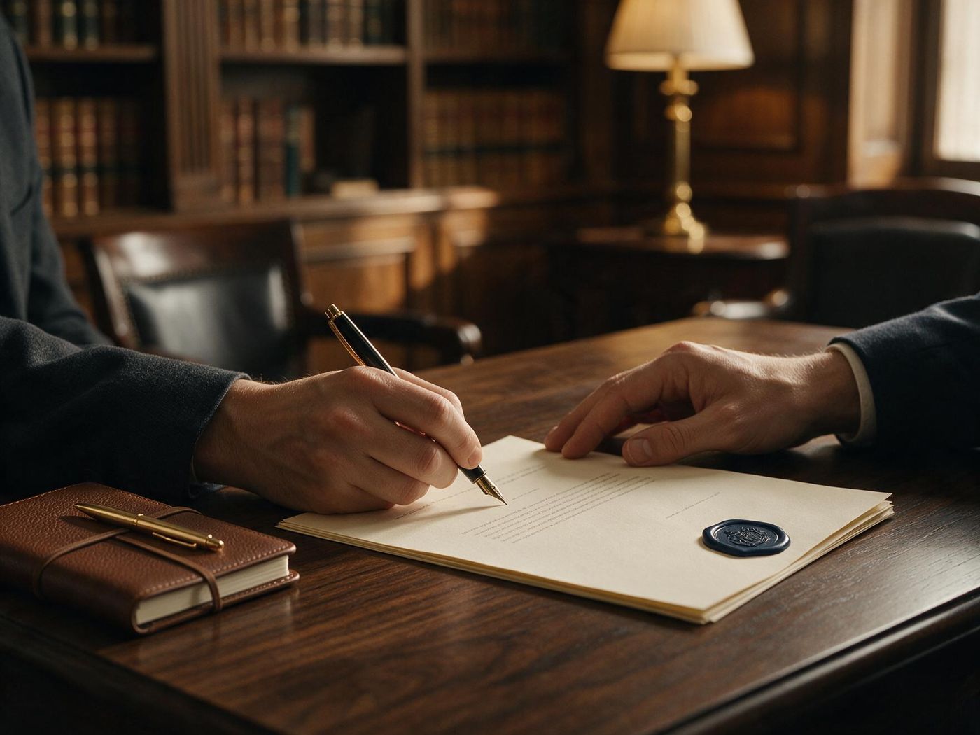 Mãos assinando um contrato sobre uma mesa de madeira escura