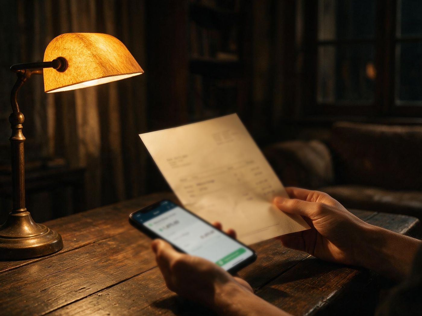 Mãos segurando uma nota fiscal e um celular sob a luz de um abajur
