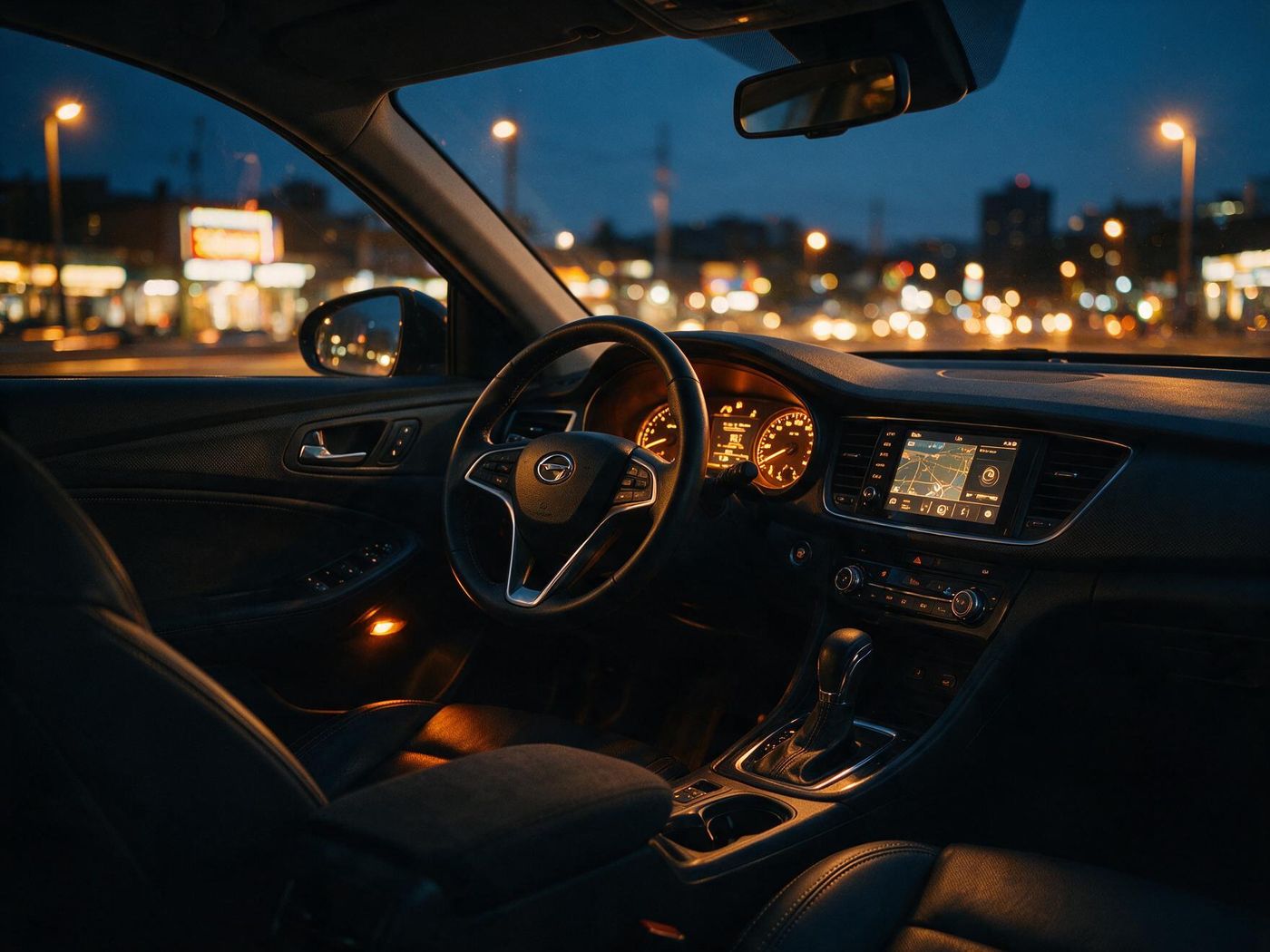 Interior de um carro ao anoitecer, com as luzes da cidade ao fundo